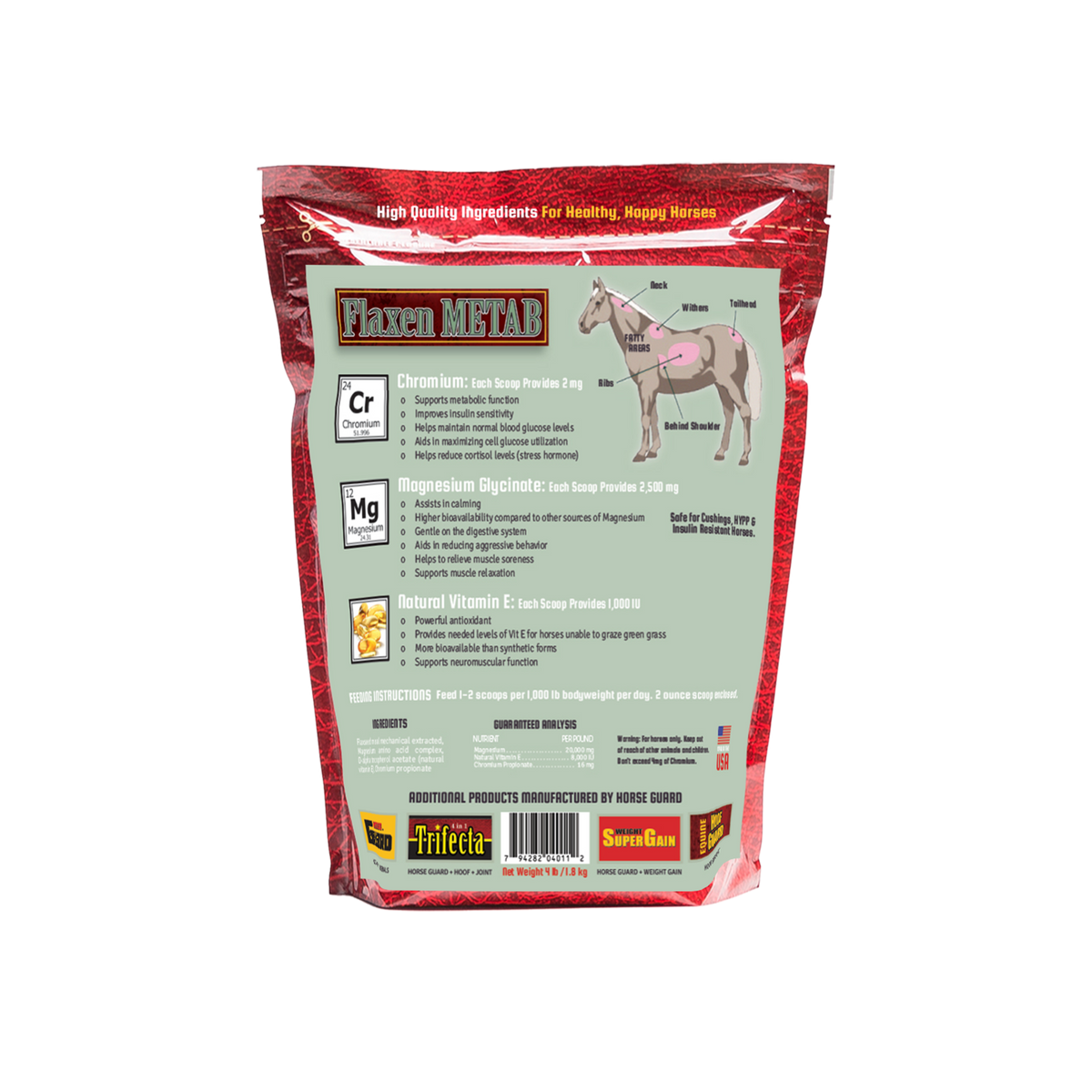 Flaxen Metab 4lb back of bag, supplement for metabolic horses.