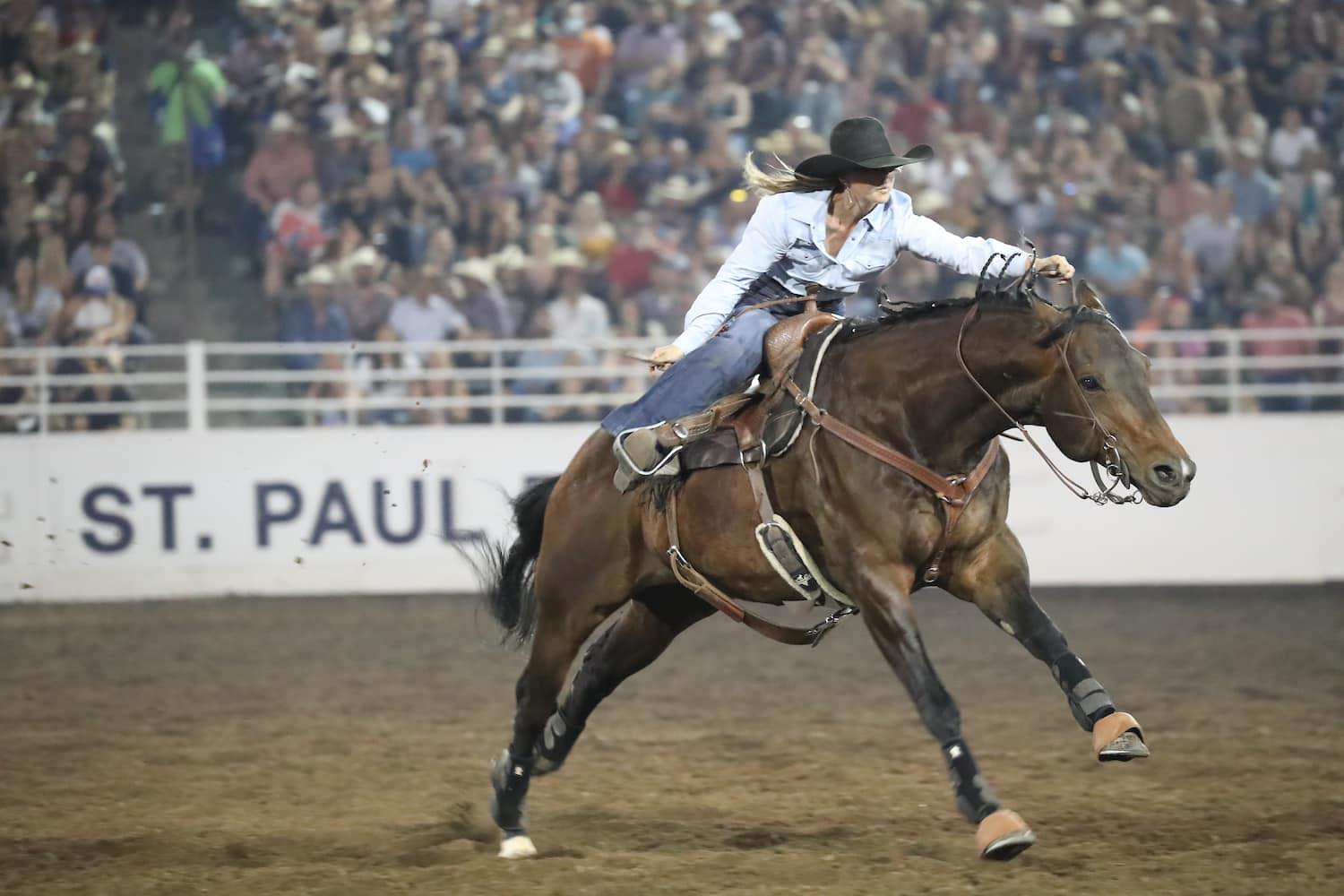 Horse Guard athlete Britni Carlson with horse Winston Barrel Racing