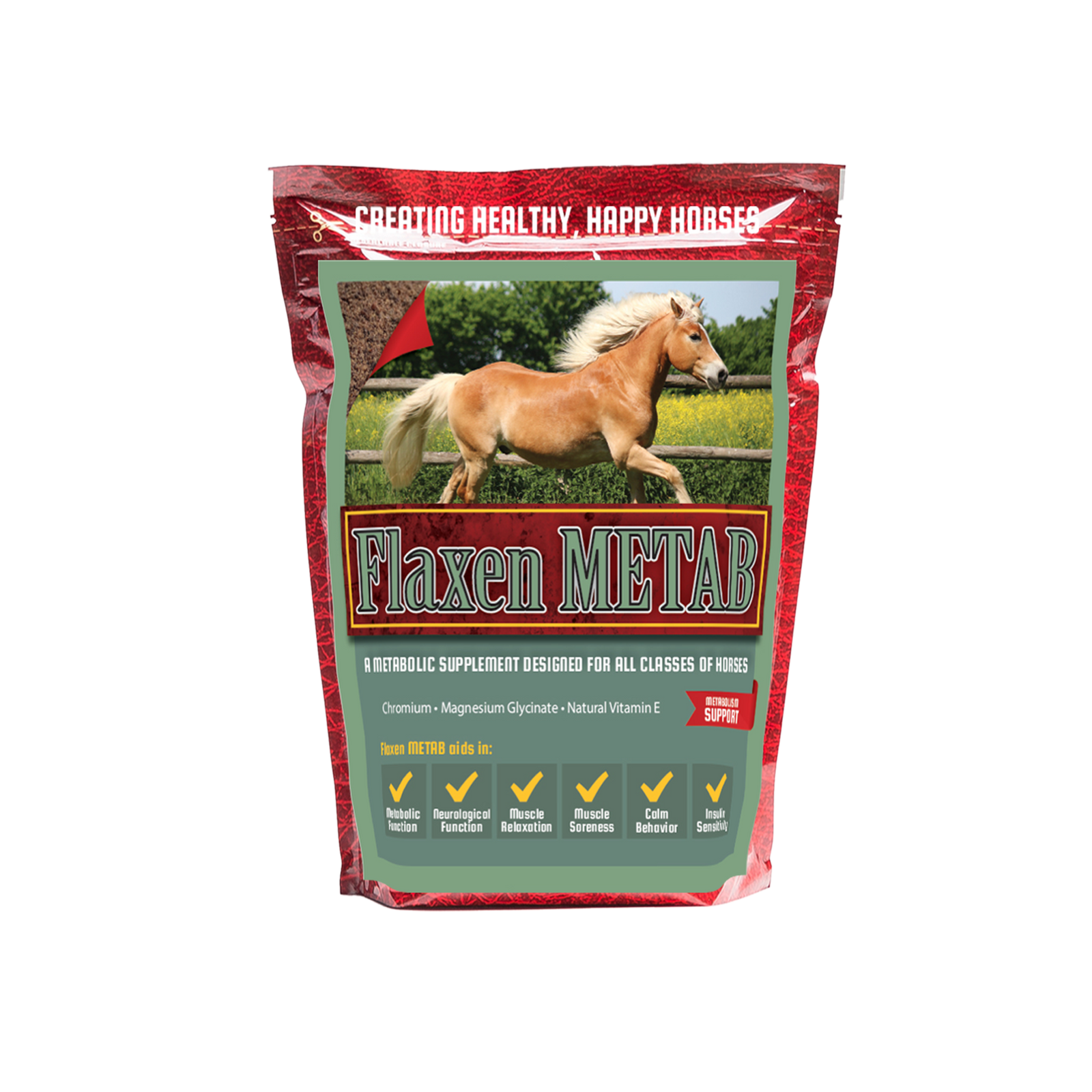 Flaxen Metab 4lb front of bag, supplement for metabolic horses.