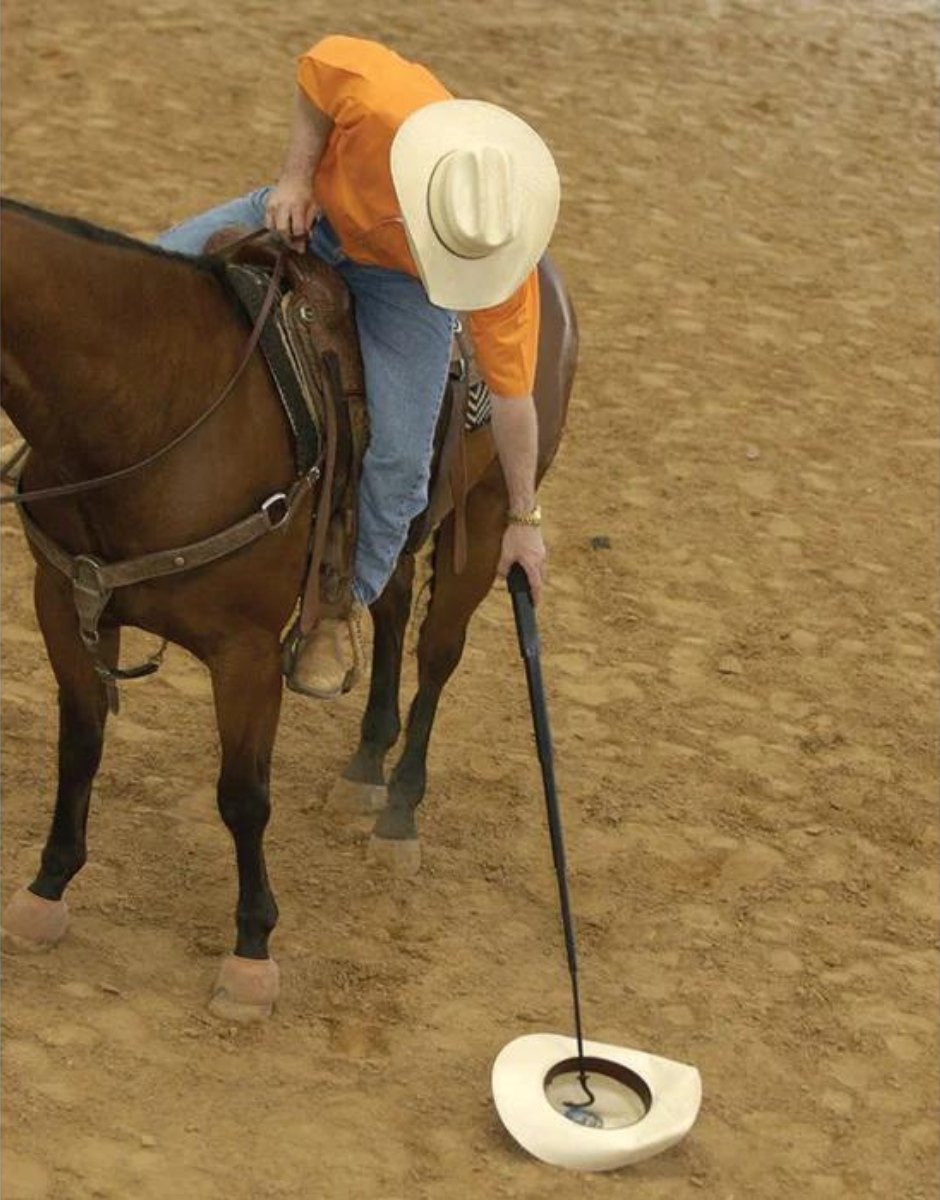 A rider on a bay horse leans down from the saddle and uses the extended black Lazy Cowboy hook to pick a cowboy hat up off the arena dirt.