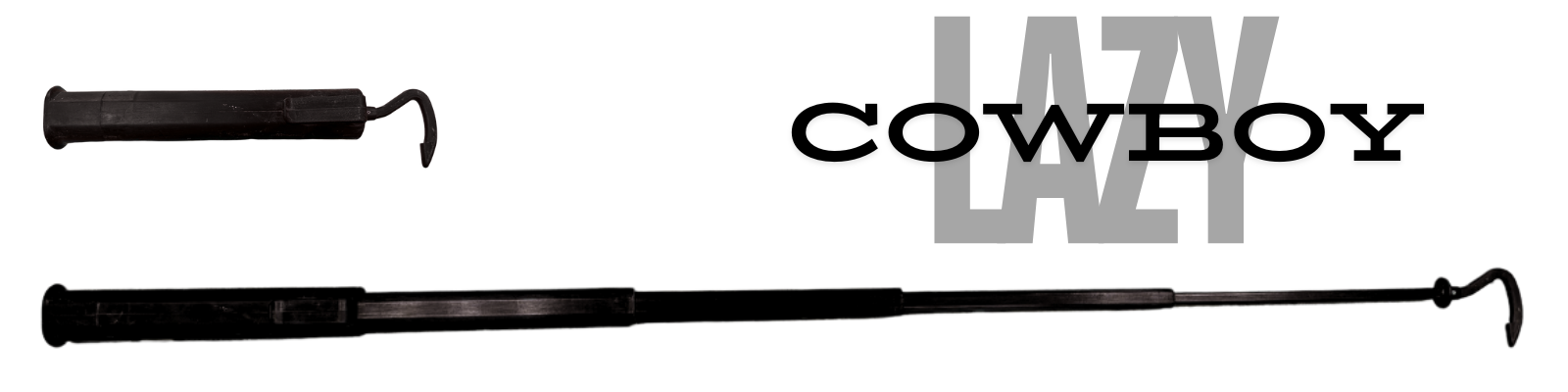 The Lazy Cowboy hook shown collapsed to a short 12-inch handle above the same hook fully extended to its 44-inch length.